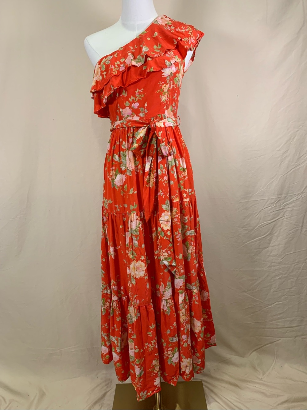 Yumi Kim Red Floral One Shoulder Ruffle Maxi Dress Small